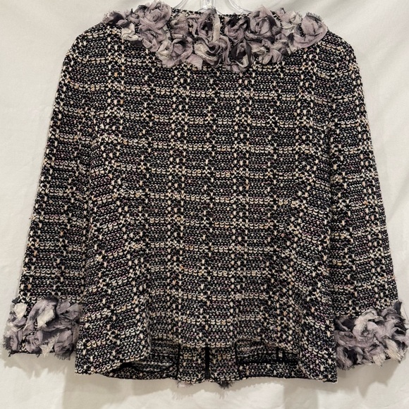 ST JOHN Jacket size 6 Purple Black White Boucle Tweed Ruffle Trim Zip Up - Picture 9 of 11